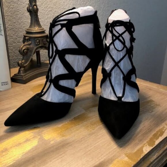 New BCBGeneration Black Suede Caged Lace-up Gladiator Booties Stiletto Heels 10 - Picture 5 of 6